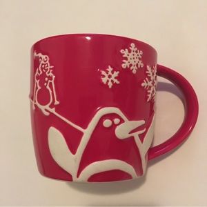 STARBUCKS 2007 Coffee Mug Christmas Holiday Red White Embossed Penguin 8 Oz Snow